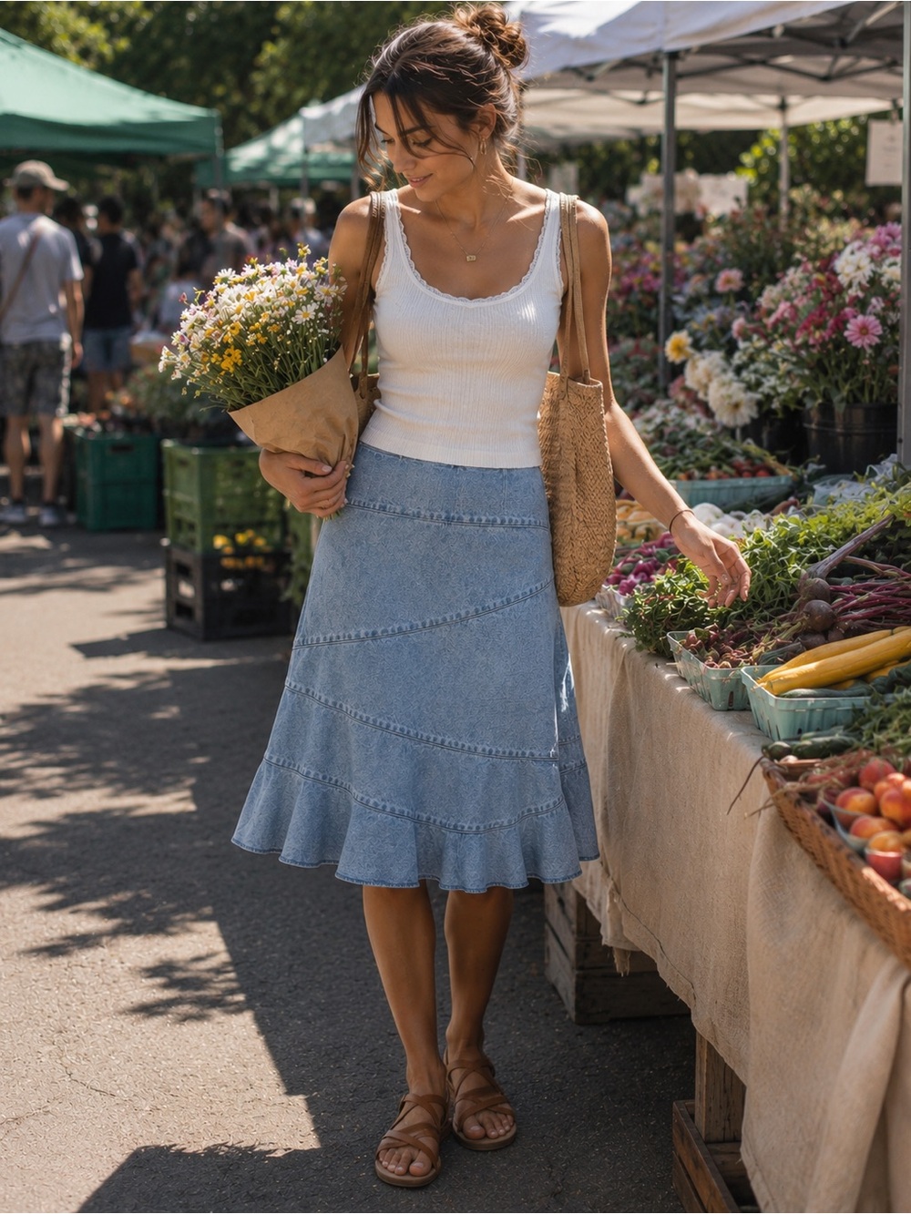 GAP Light Wash Denim Ruffle Hem Skirt Asymmetrical Seamed Cotton Midi Skirt - Picture 1 of 9